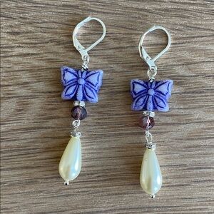HAND CRAFTED BUTTERFLY EARRINGS Purple Butterflies Cream Teardrop Pearls Crystal